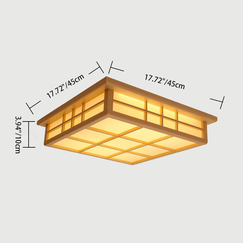 Traditional Japanese Square Lattice LED Flush Mount Ceiling Light - Iron Wood Design for Living Room