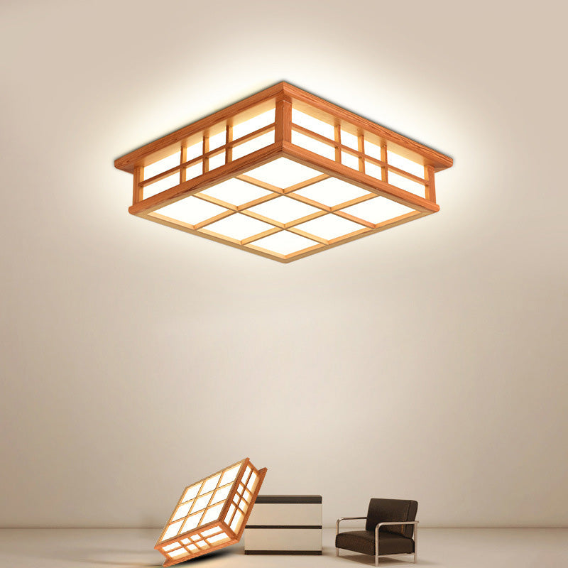 Traditional Japanese Square Lattice LED Flush Mount Ceiling Light - Iron Wood Design for Living Room
