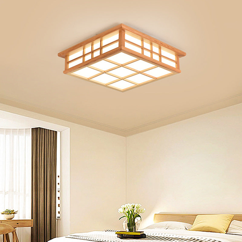 Traditional Japanese Square Lattice LED Flush Mount Ceiling Light - Iron Wood Design for Living Room