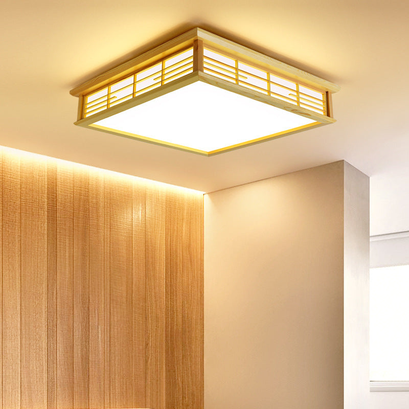 Traditional Japanese Square Lattice LED Flush Mount Ceiling Light - Iron Wood Design for Living Room