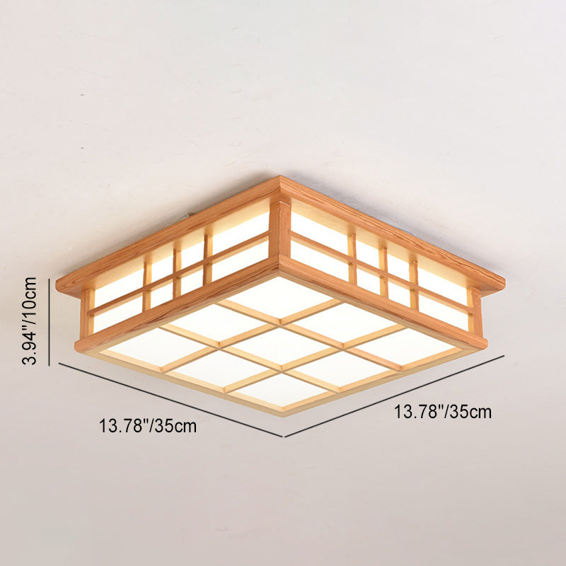 Traditional Japanese Square Lattice LED Flush Mount Ceiling Light - Iron Wood Design for Living Room