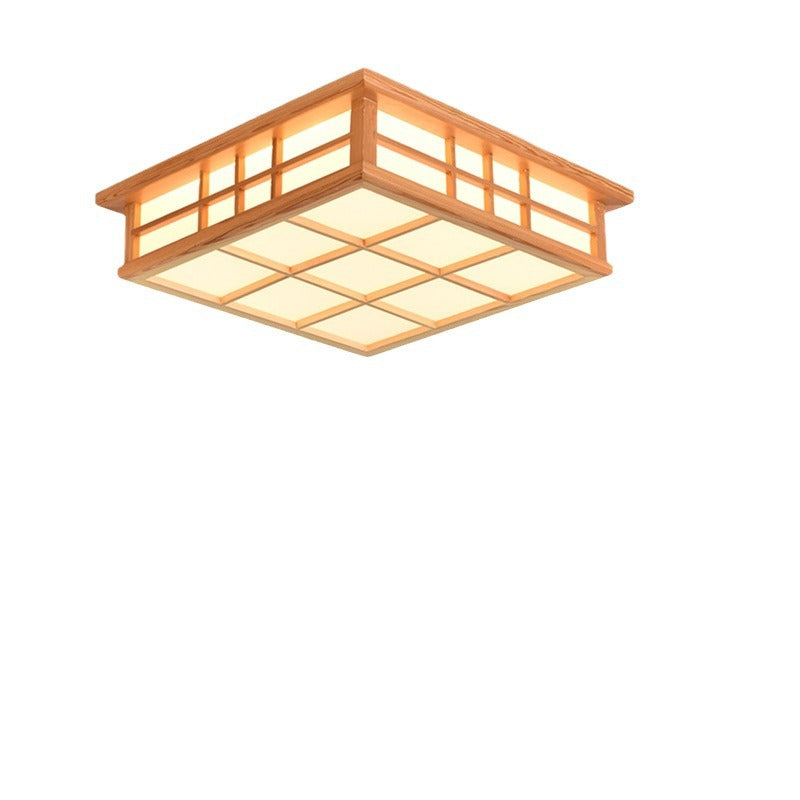 Traditional Japanese Square Lattice LED Flush Mount Ceiling Light - Iron Wood Design for Living Room