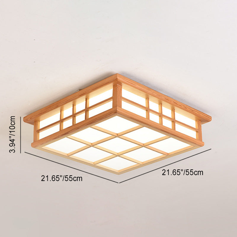 Traditional Japanese Square Lattice LED Flush Mount Ceiling Light - Iron Wood Design for Living Room