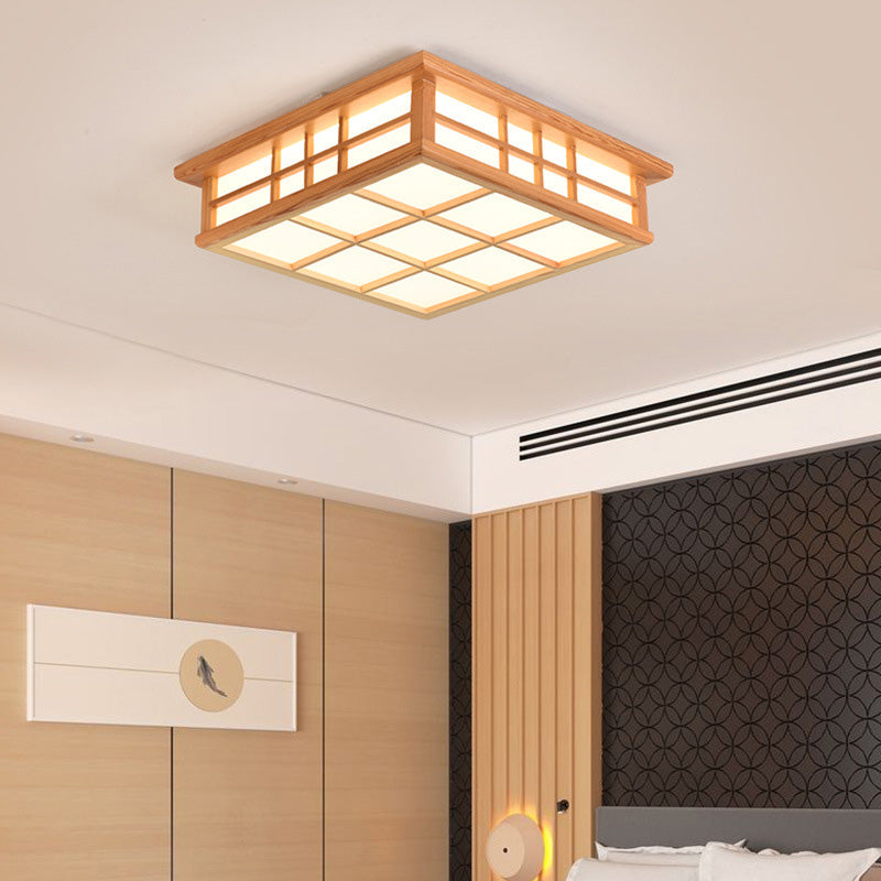 Traditional Japanese Square Lattice LED Flush Mount Ceiling Light - Iron Wood Design for Living Room