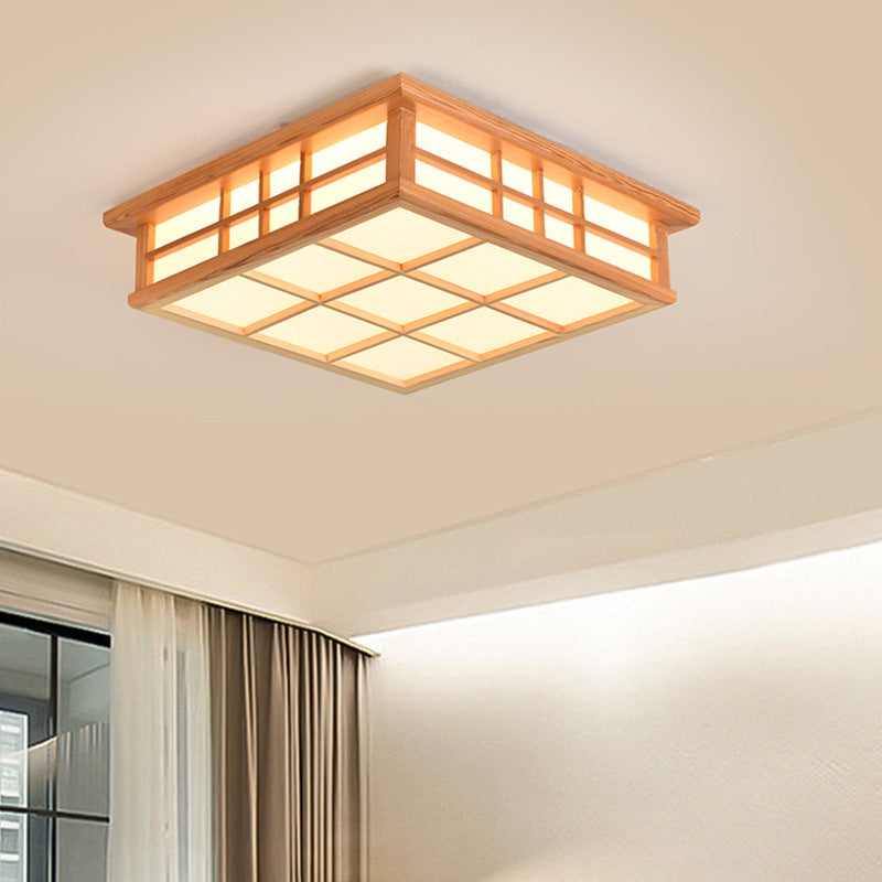 Traditional Japanese Square Lattice LED Flush Mount Ceiling Light - Iron Wood Design for Living Room