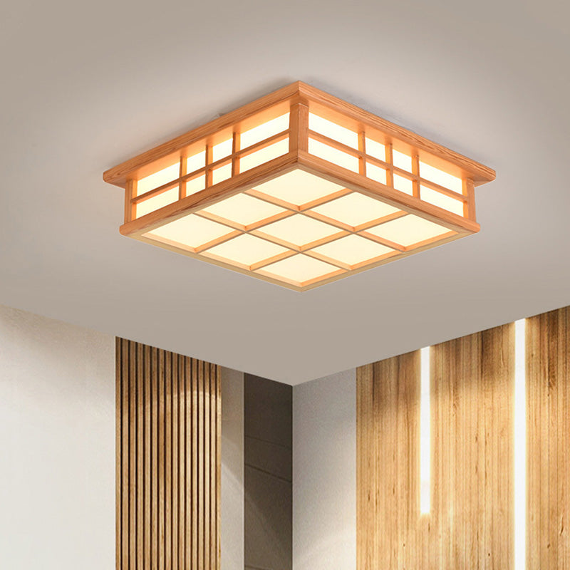 Traditional Japanese Square Lattice LED Flush Mount Ceiling Light - Iron Wood Design for Living Room