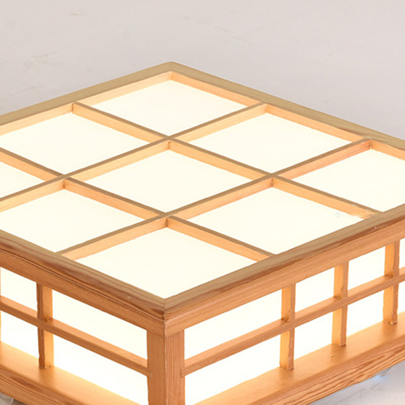 Traditional Japanese Square Lattice LED Flush Mount Ceiling Light - Iron Wood Design for Living Room