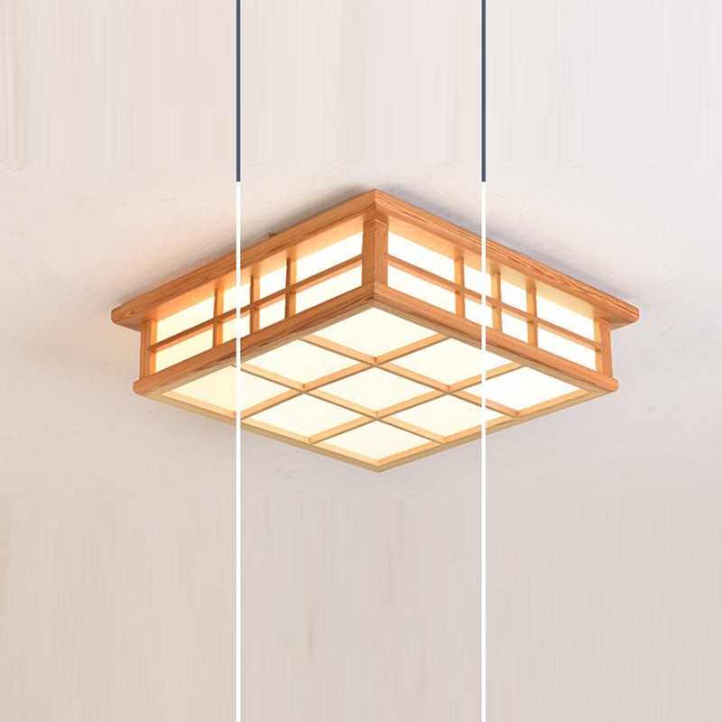 Traditional Japanese Square Lattice LED Flush Mount Ceiling Light - Iron Wood Design for Living Room
