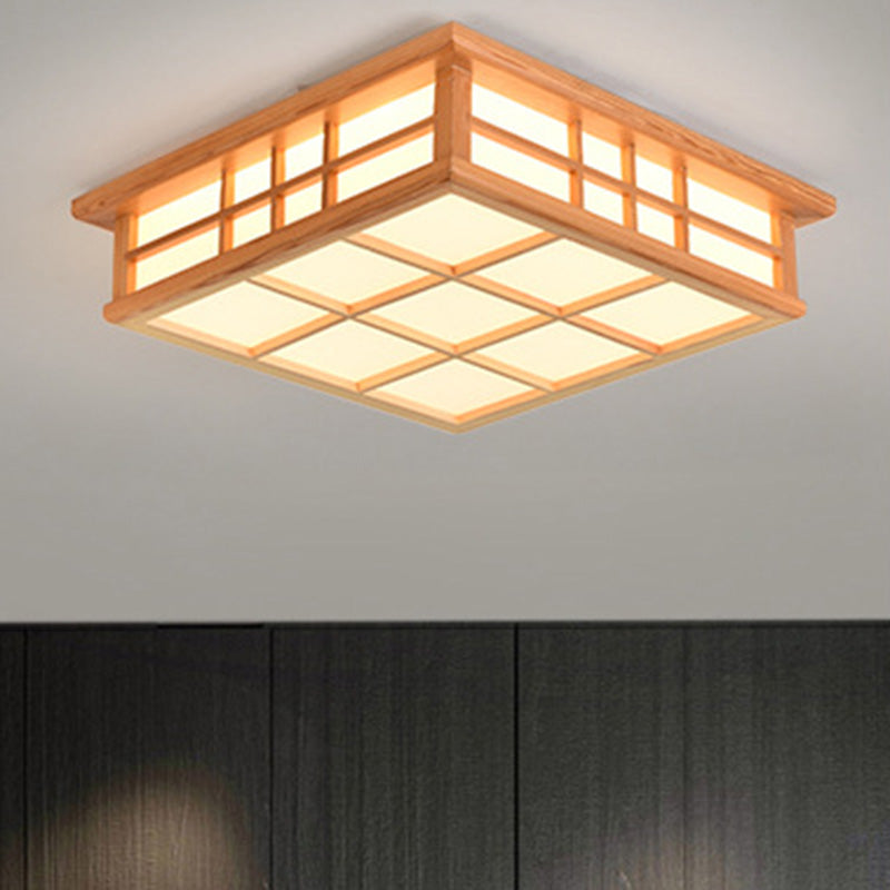 Traditional Japanese Square Lattice LED Flush Mount Ceiling Light - Iron Wood Design for Living Room