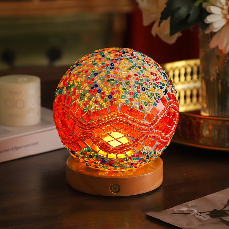 Contemporary Creative Bohemian Wood Base Colorful Glass Ball Decorative USB LED Table Lamp for Bedroom, Unique Home Decor Lighting, Modern Desk Lamp, Handmade Artisanal Accent Lamp, Stylish Boho Lamp for Nightstand, Aesthetic Room Accessories, Vibrant Moo