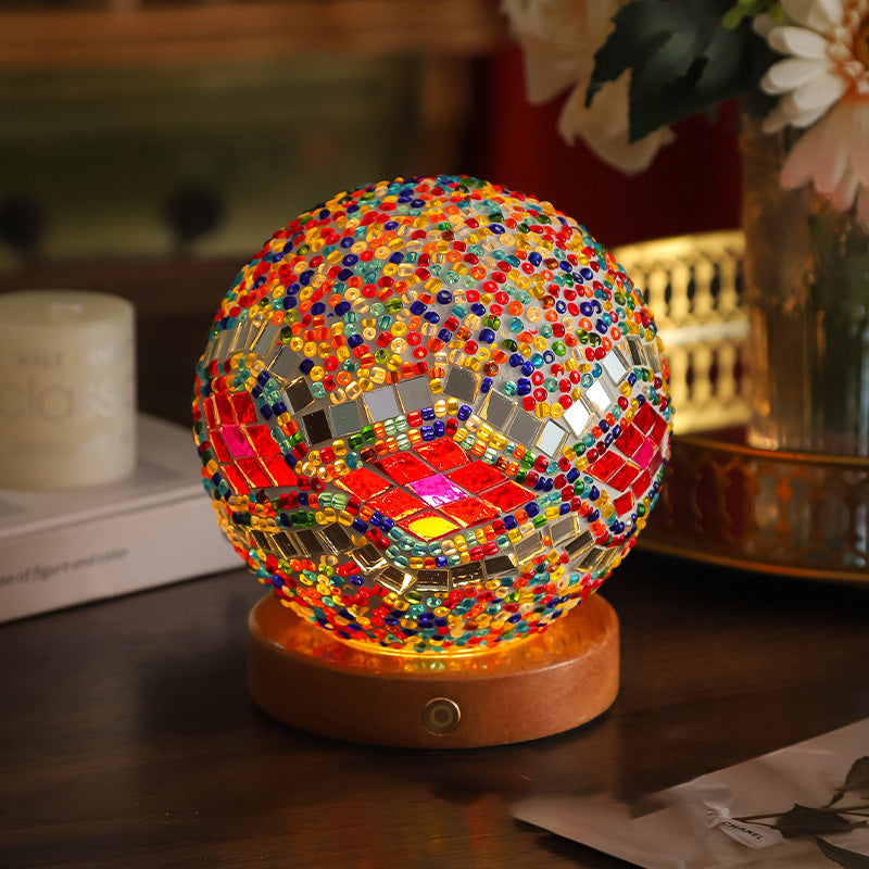 Contemporary Creative Bohemian Wood Base Colorful Glass Ball Decorative USB LED Table Lamp for Bedroom, Unique Home Decor Lighting, Modern Desk Lamp, Handmade Artisanal Accent Lamp, Stylish Boho Lamp for Nightstand, Aesthetic Room Accessories, Vibrant Moo