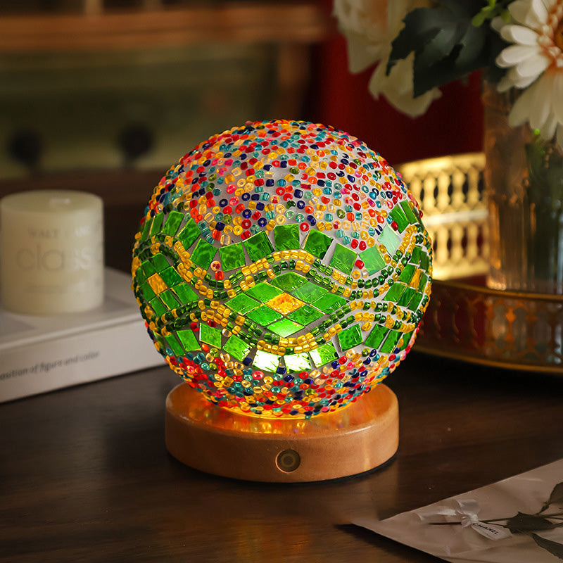 Contemporary Creative Bohemian Wood Base Colorful Glass Ball Decorative USB LED Table Lamp for Bedroom, Unique Home Decor Lighting, Modern Desk Lamp, Handmade Artisanal Accent Lamp, Stylish Boho Lamp for Nightstand, Aesthetic Room Accessories, Vibrant Moo