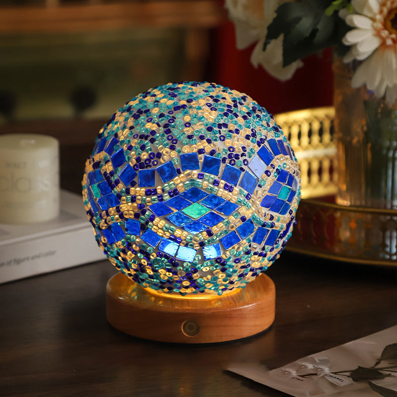 Contemporary Creative Bohemian Wood Base Colorful Glass Ball Decorative USB LED Table Lamp for Bedroom, Unique Home Decor Lighting, Modern Desk Lamp, Handmade Artisanal Accent Lamp, Stylish Boho Lamp for Nightstand, Aesthetic Room Accessories, Vibrant Moo