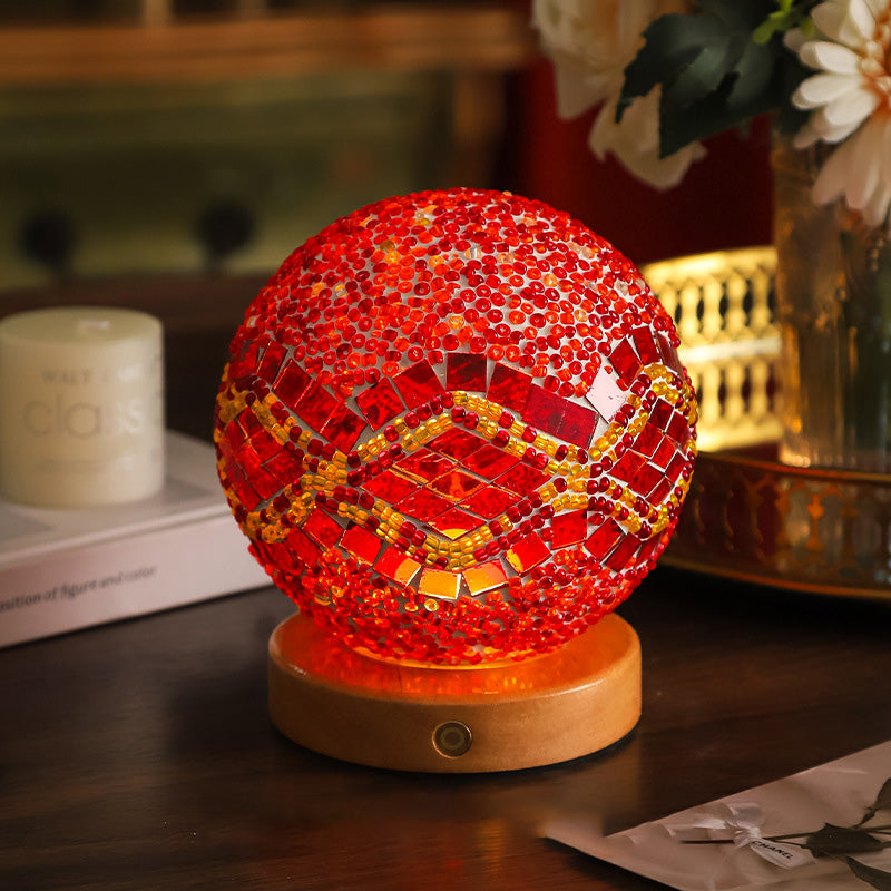 Contemporary Creative Bohemian Wood Base Colorful Glass Ball Decorative USB LED Table Lamp for Bedroom, Unique Home Decor Lighting, Modern Desk Lamp, Handmade Artisanal Accent Lamp, Stylish Boho Lamp for Nightstand, Aesthetic Room Accessories, Vibrant Moo