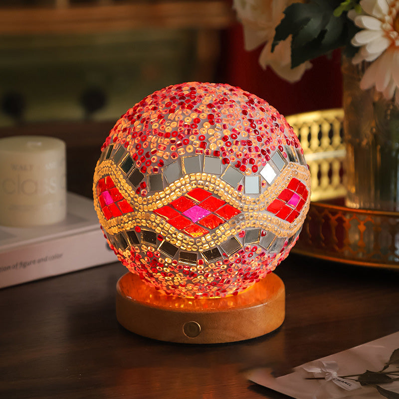 Contemporary Creative Bohemian Wood Base Colorful Glass Ball Decorative USB LED Table Lamp for Bedroom, Unique Home Decor Lighting, Modern Desk Lamp, Handmade Artisanal Accent Lamp, Stylish Boho Lamp for Nightstand, Aesthetic Room Accessories, Vibrant Moo