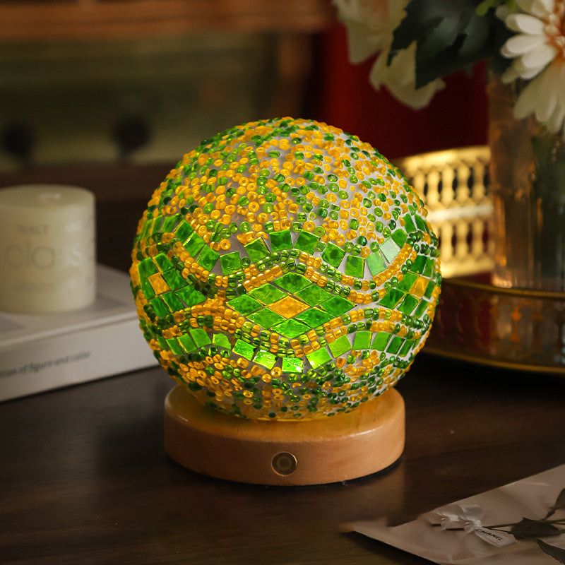 Contemporary Creative Bohemian Wood Base Colorful Glass Ball Decorative USB LED Table Lamp for Bedroom, Unique Home Decor Lighting, Modern Desk Lamp, Handmade Artisanal Accent Lamp, Stylish Boho Lamp for Nightstand, Aesthetic Room Accessories, Vibrant Moo