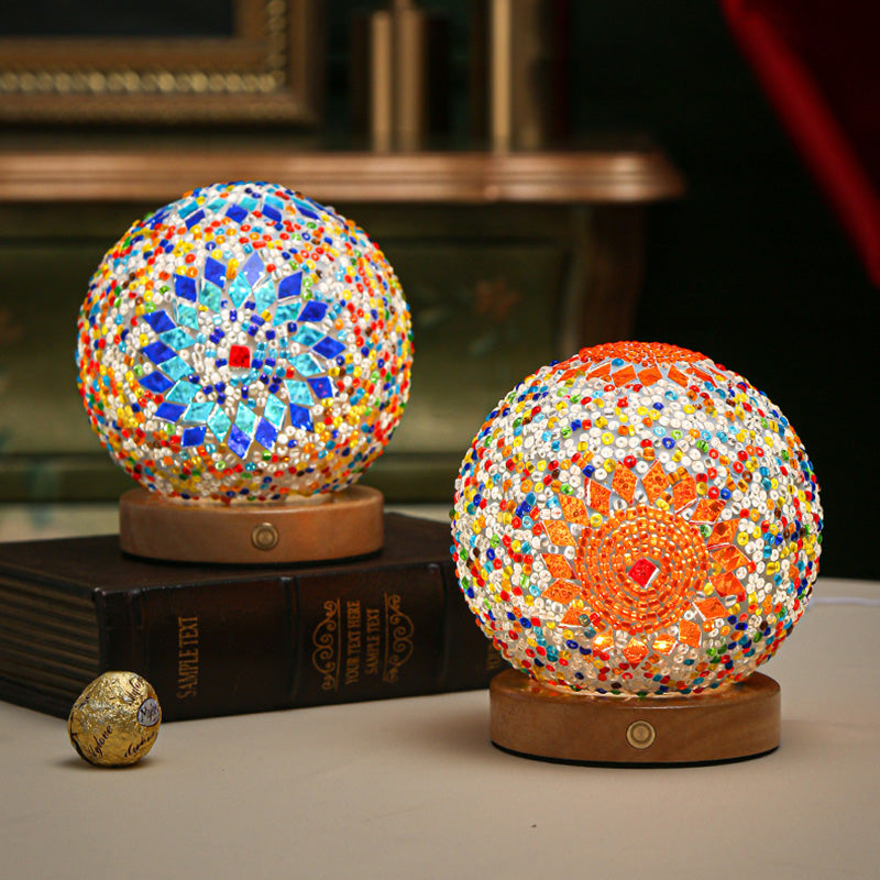 Contemporary Creative Bohemian Wood Base Colorful Glass Ball Decorative USB LED Table Lamp for Bedroom, Unique Home Decor Lighting, Modern Desk Lamp, Handmade Artisanal Accent Lamp, Stylish Boho Lamp for Nightstand, Aesthetic Room Accessories, Vibrant Moo