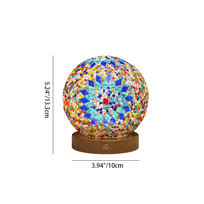 Contemporary Creative Bohemian Wood Base Colorful Glass Ball Decorative USB LED Table Lamp for Bedroom, Unique Home Decor Lighting, Modern Desk Lamp, Handmade Artisanal Accent Lamp, Stylish Boho Lamp for Nightstand, Aesthetic Room Accessories, Vibrant Moo