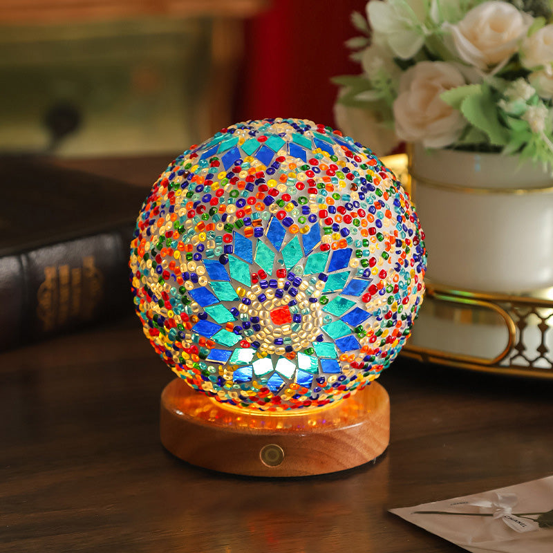 Contemporary Creative Bohemian Wood Base Colorful Glass Ball Decorative USB LED Table Lamp for Bedroom, Unique Home Decor Lighting, Modern Desk Lamp, Handmade Artisanal Accent Lamp, Stylish Boho Lamp for Nightstand, Aesthetic Room Accessories, Vibrant Moo