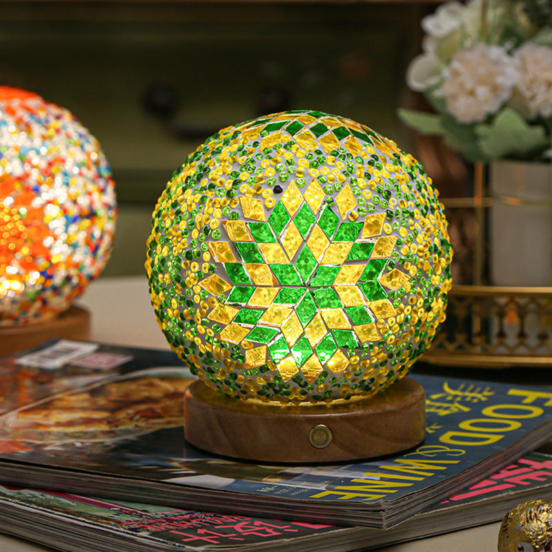 Contemporary Creative Bohemian Wood Base Colorful Glass Ball Decorative USB LED Table Lamp for Bedroom, Unique Home Decor Lighting, Modern Desk Lamp, Handmade Artisanal Accent Lamp, Stylish Boho Lamp for Nightstand, Aesthetic Room Accessories, Vibrant Moo