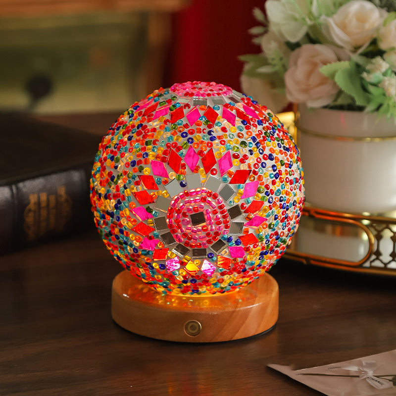 Contemporary Creative Bohemian Wood Base Colorful Glass Ball Decorative USB LED Table Lamp for Bedroom, Unique Home Decor Lighting, Modern Desk Lamp, Handmade Artisanal Accent Lamp, Stylish Boho Lamp for Nightstand, Aesthetic Room Accessories, Vibrant Moo