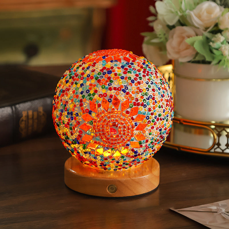 Contemporary Creative Bohemian Wood Base Colorful Glass Ball Decorative USB LED Table Lamp for Bedroom, Unique Home Decor Lighting, Modern Desk Lamp, Handmade Artisanal Accent Lamp, Stylish Boho Lamp for Nightstand, Aesthetic Room Accessories, Vibrant Moo