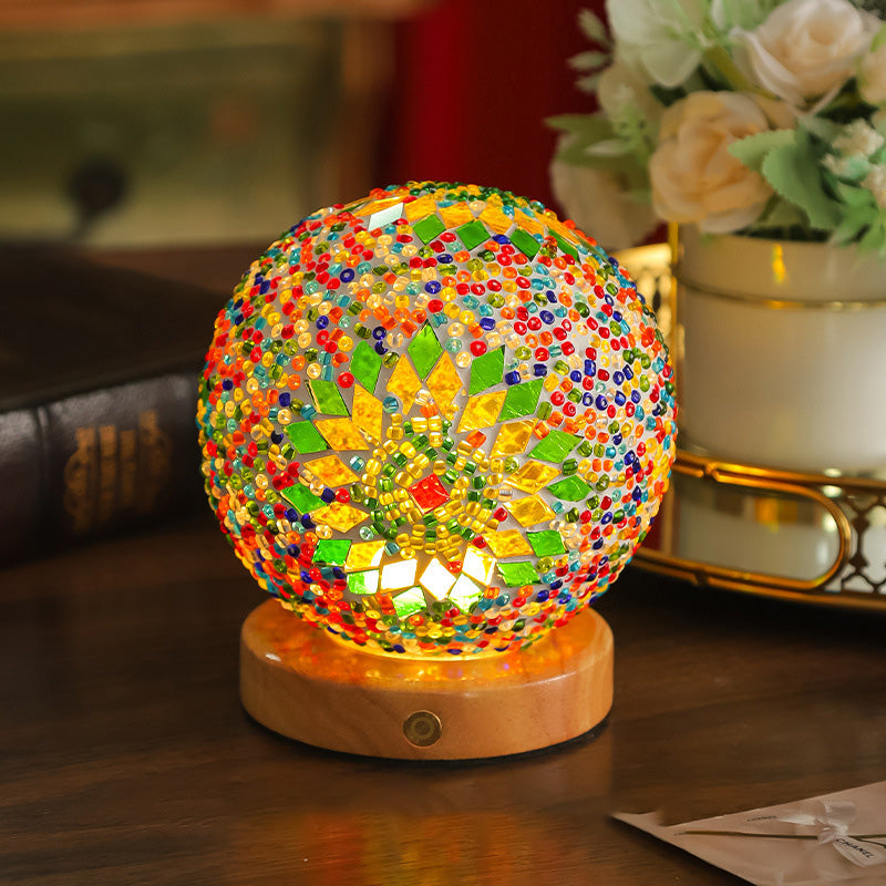Contemporary Creative Bohemian Wood Base Colorful Glass Ball Decorative USB LED Table Lamp for Bedroom, Unique Home Decor Lighting, Modern Desk Lamp, Handmade Artisanal Accent Lamp, Stylish Boho Lamp for Nightstand, Aesthetic Room Accessories, Vibrant Moo