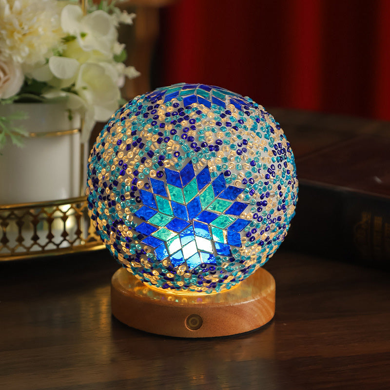 Contemporary Creative Bohemian Wood Base Colorful Glass Ball Decorative USB LED Table Lamp for Bedroom, Unique Home Decor Lighting, Modern Desk Lamp, Handmade Artisanal Accent Lamp, Stylish Boho Lamp for Nightstand, Aesthetic Room Accessories, Vibrant Moo