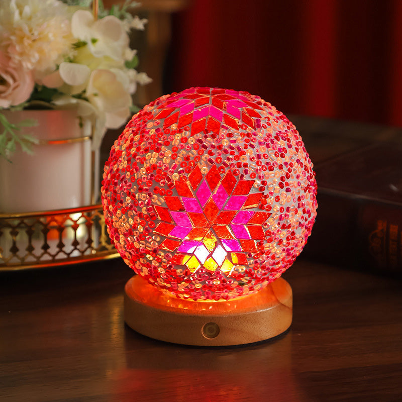 Contemporary Creative Bohemian Wood Base Colorful Glass Ball Decorative USB LED Table Lamp for Bedroom, Unique Home Decor Lighting, Modern Desk Lamp, Handmade Artisanal Accent Lamp, Stylish Boho Lamp for Nightstand, Aesthetic Room Accessories, Vibrant Moo