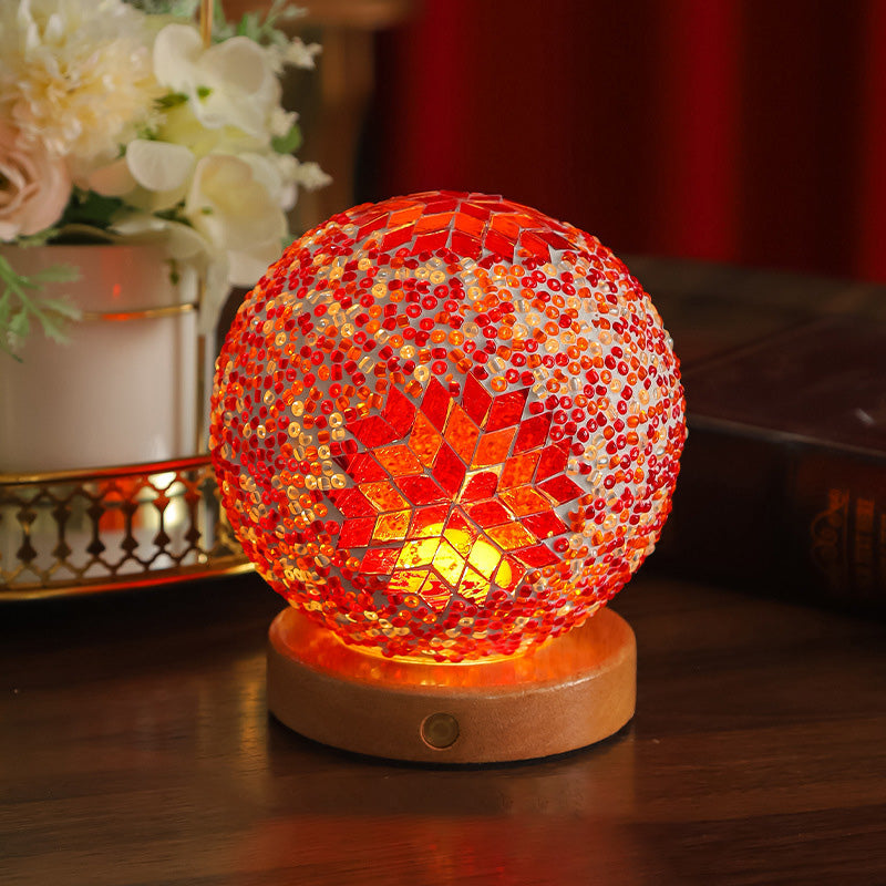 Contemporary Creative Bohemian Wood Base Colorful Glass Ball Decorative USB LED Table Lamp for Bedroom, Unique Home Decor Lighting, Modern Desk Lamp, Handmade Artisanal Accent Lamp, Stylish Boho Lamp for Nightstand, Aesthetic Room Accessories, Vibrant Moo