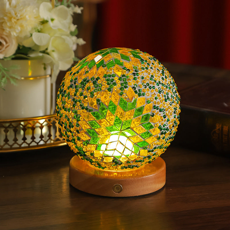 Contemporary Creative Bohemian Wood Base Colorful Glass Ball Decorative USB LED Table Lamp for Bedroom, Unique Home Decor Lighting, Modern Desk Lamp, Handmade Artisanal Accent Lamp, Stylish Boho Lamp for Nightstand, Aesthetic Room Accessories, Vibrant Moo
