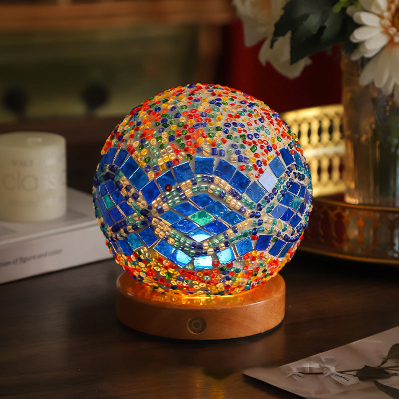 Contemporary Creative Bohemian Wood Base Colorful Glass Ball Decorative USB LED Table Lamp for Bedroom, Unique Home Decor Lighting, Modern Desk Lamp, Handmade Artisanal Accent Lamp, Stylish Boho Lamp for Nightstand, Aesthetic Room Accessories, Vibrant Moo