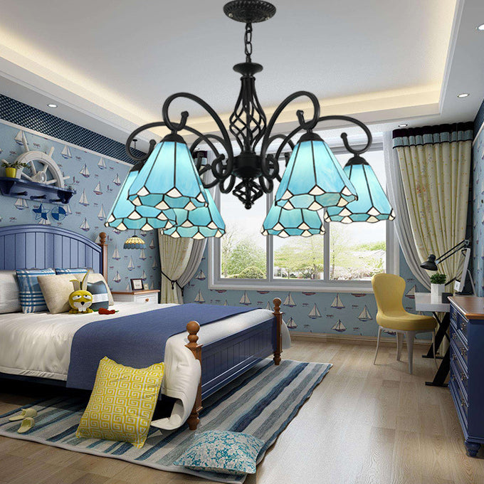 Traditional Tiffany Conical Stained Glass Chandelier - 3/5/6/8 Light Iron Hardware for Living Room
