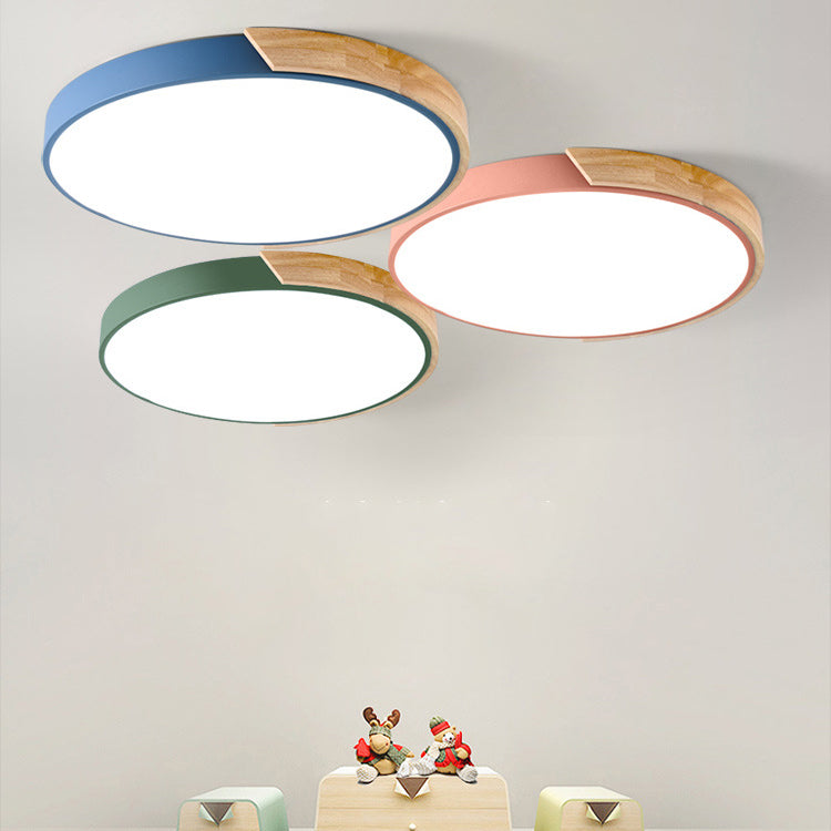Modern Minimalist Round Macaron LED Flush Mount Light for Living Room | Iron Wood Acrylic Design