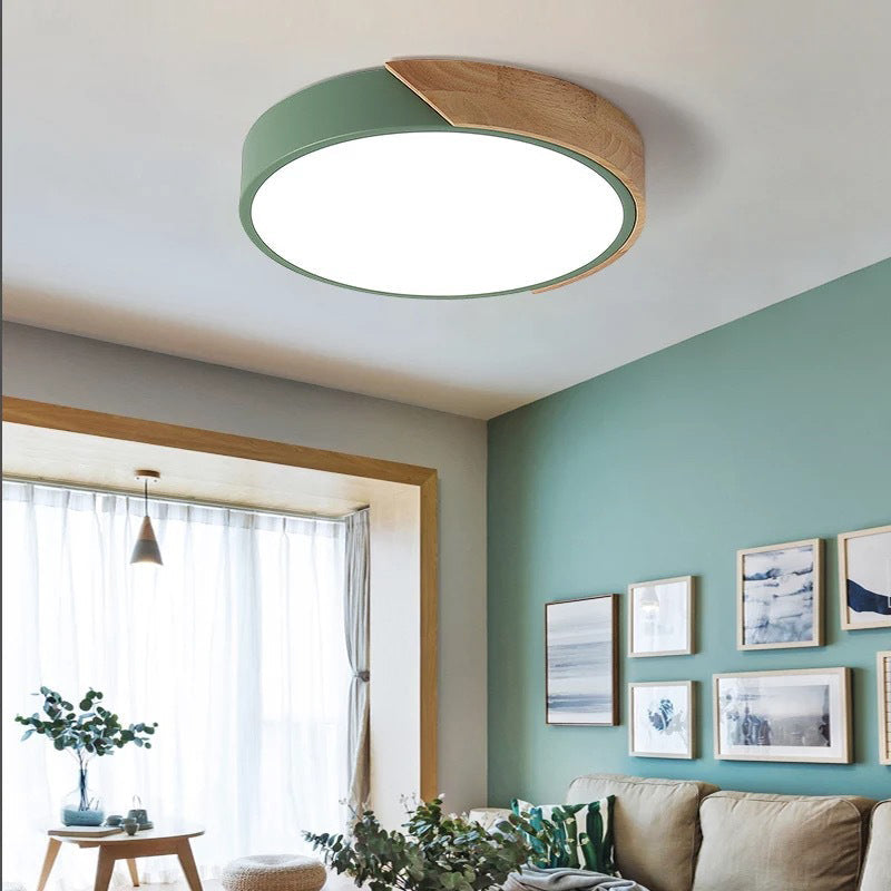 Modern Minimalist Round Macaron LED Flush Mount Light for Living Room | Iron Wood Acrylic Design