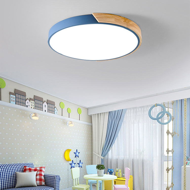 Modern Minimalist Round Macaron LED Flush Mount Light for Living Room | Iron Wood Acrylic Design
