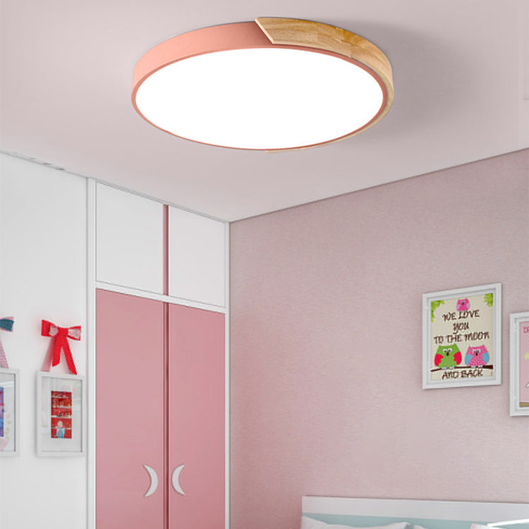 Modern Minimalist Round Macaron LED Flush Mount Light for Living Room | Iron Wood Acrylic Design