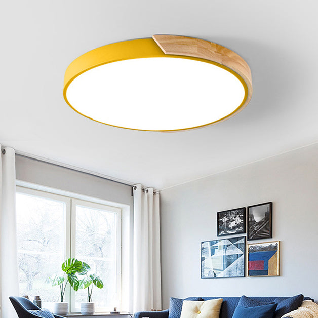 Modern Minimalist Round Macaron LED Flush Mount Light for Living Room | Iron Wood Acrylic Design