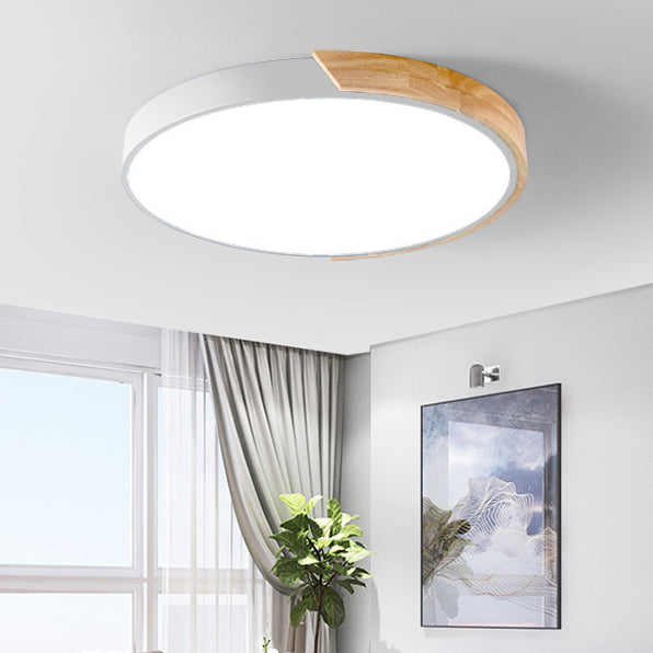 Modern Minimalist Round Macaron LED Flush Mount Light for Living Room | Iron Wood Acrylic Design