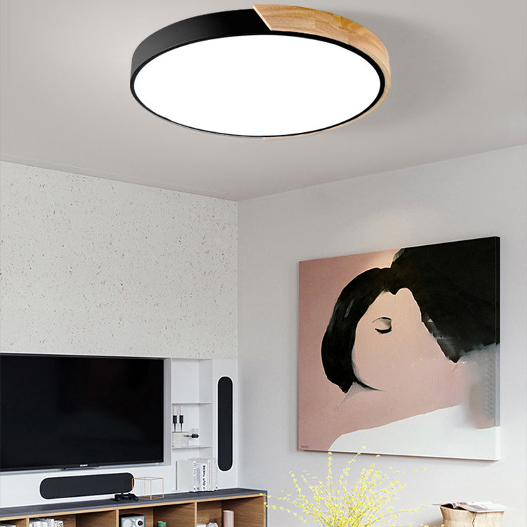 Modern Minimalist Round Macaron LED Flush Mount Light for Living Room | Iron Wood Acrylic Design