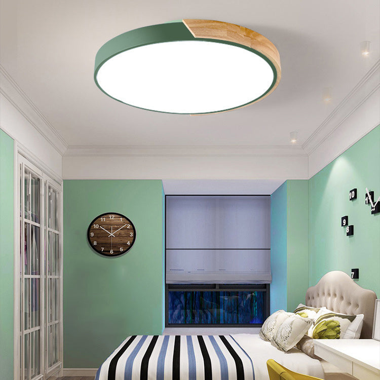 Modern Minimalist Round Macaron LED Flush Mount Light for Living Room | Iron Wood Acrylic Design