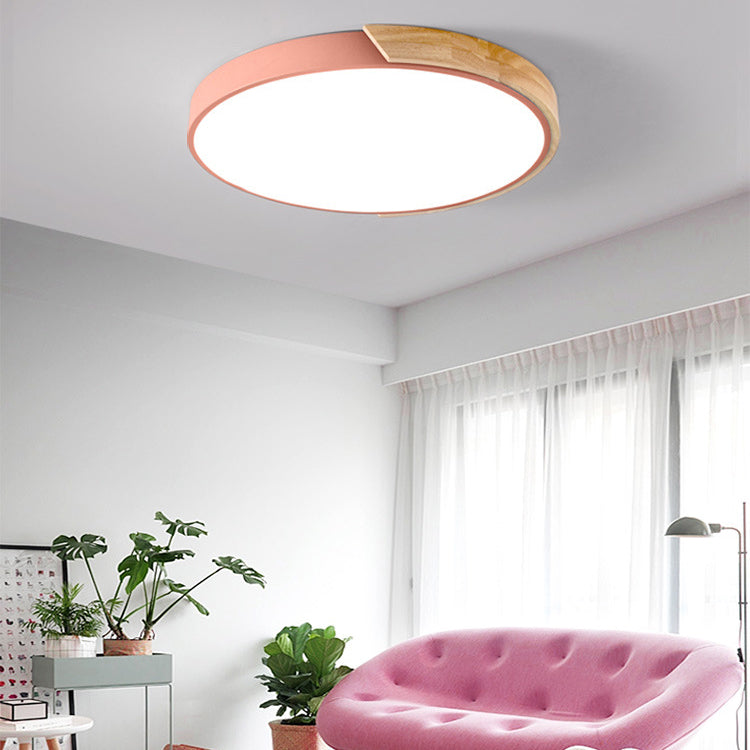 Modern Minimalist Round Macaron LED Flush Mount Light for Living Room | Iron Wood Acrylic Design