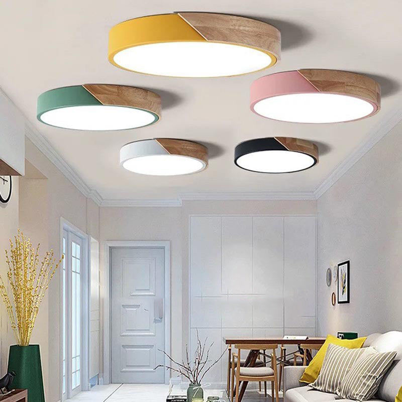 Modern Minimalist Round Macaron LED Flush Mount Light for Living Room | Iron Wood Acrylic Design