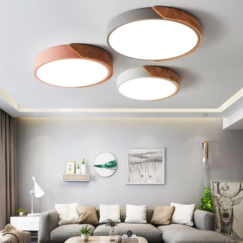 Modern Minimalist Round Macaron LED Flush Mount Light for Living Room | Iron Wood Acrylic Design