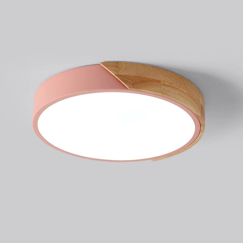 Modern Minimalist Round Macaron LED Flush Mount Light for Living Room | Iron Wood Acrylic Design