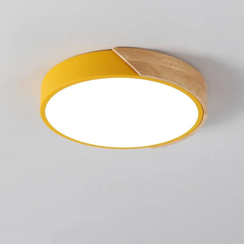 Modern Minimalist Round Macaron LED Flush Mount Light for Living Room | Iron Wood Acrylic Design