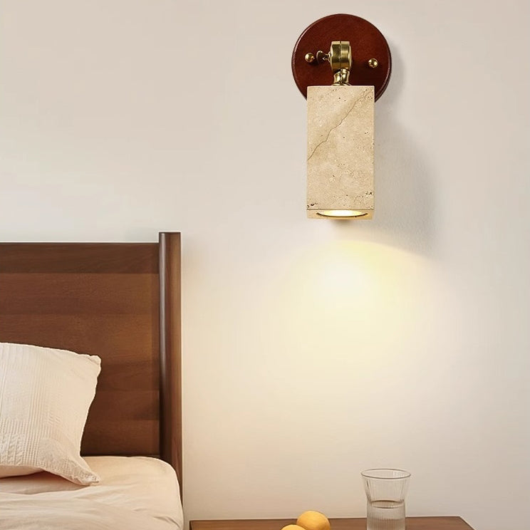 Traditional Japanese 1-Light Wall Sconce Lamp, Adjustable Head, Cuboid Design, Wood & Stone, Half-Circular, Living Room Lighting