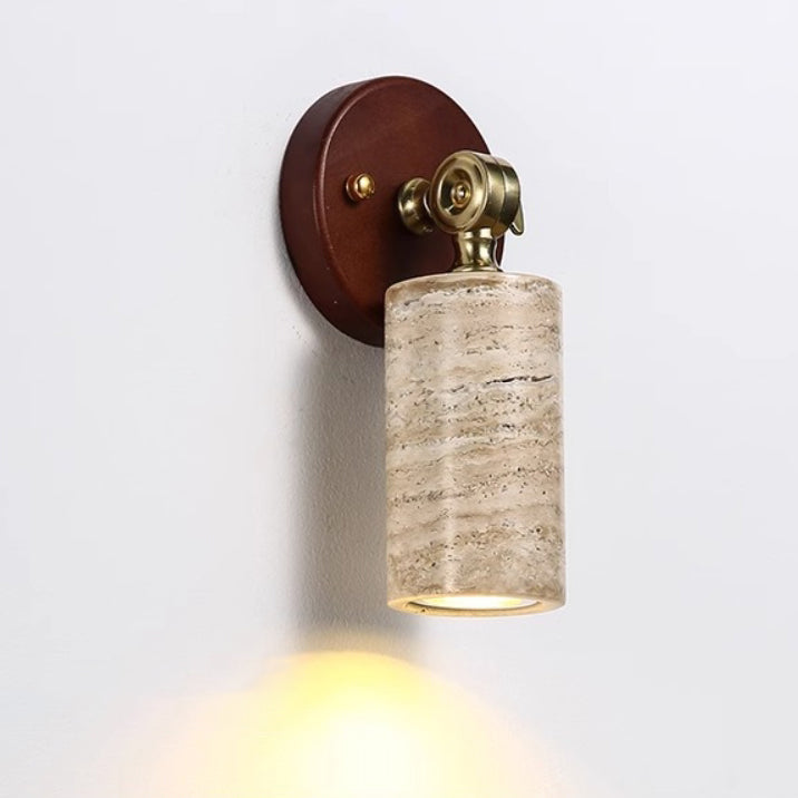 Traditional Japanese 1-Light Wall Sconce Lamp, Adjustable Head, Cuboid Design, Wood & Stone, Half-Circular, Living Room Lighting