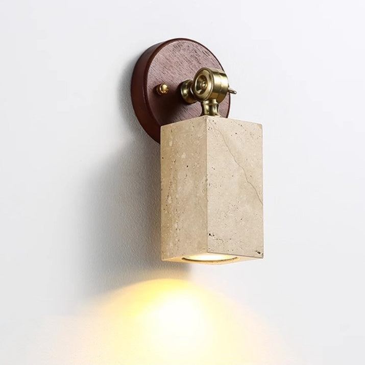 Traditional Japanese 1-Light Wall Sconce Lamp, Adjustable Head, Cuboid Design, Wood & Stone, Half-Circular, Living Room Lighting