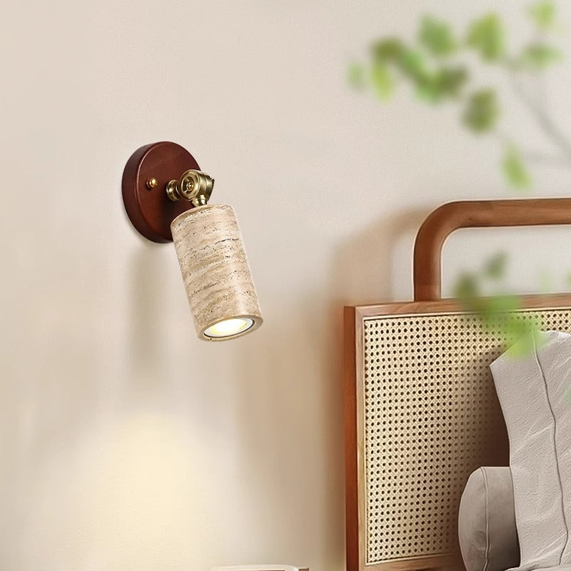 Traditional Japanese 1-Light Wall Sconce Lamp, Adjustable Head, Cuboid Design, Wood & Stone, Half-Circular, Living Room Lighting